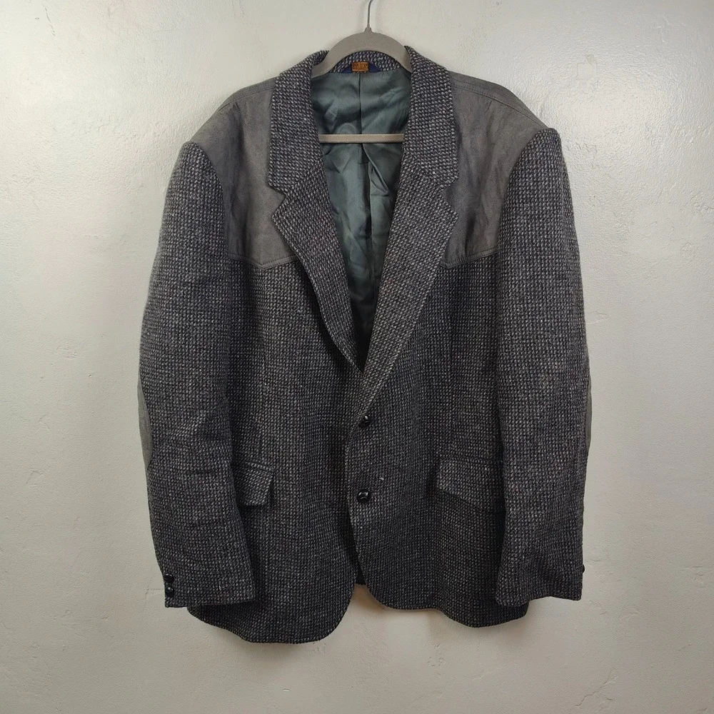 Vintage 70s Pendleton Mens Blazer 50 Grey Suede Yoke Wool Tweed Western Academic